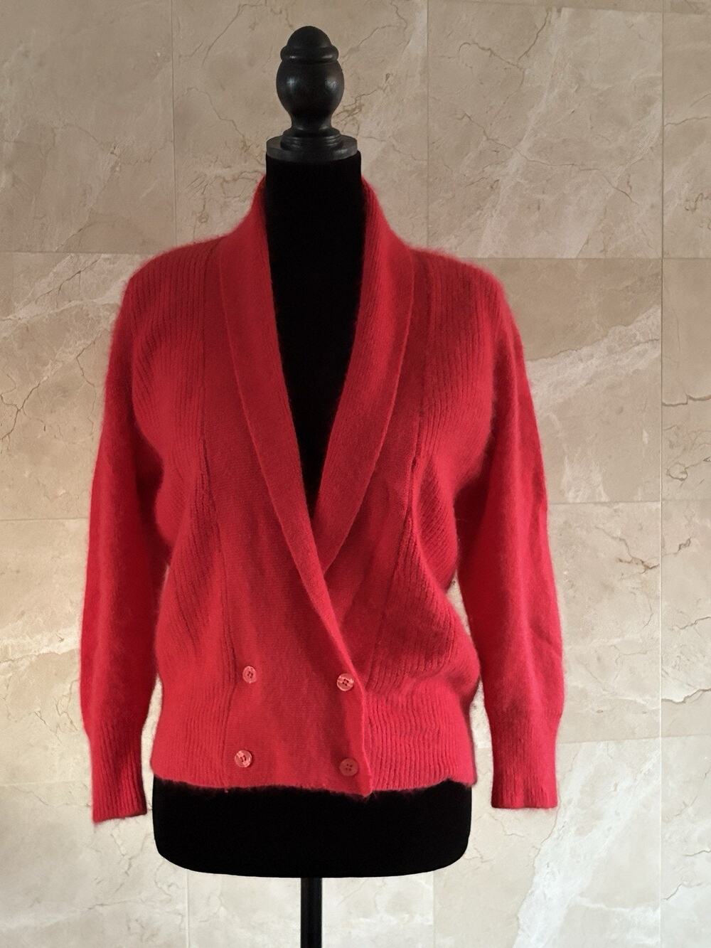 VTG 80s Lambswool Angora Cardigan - M Red Fuzzy Cozy Luxury Knitwear Office